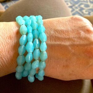 Beautiful Beaded Bracelet Multi-Strand Aqua Colored Glass Silver Toggle Clasp